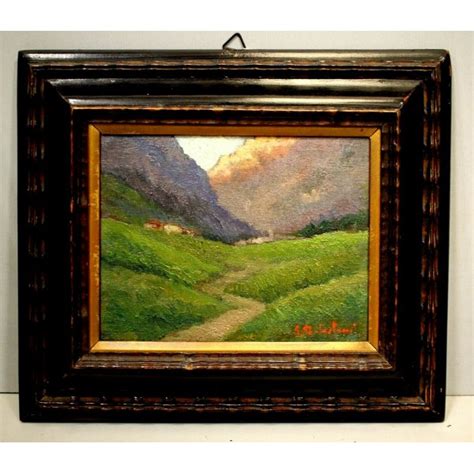 Antico Piccolo Quadro Olio Paesaggio Montano Borgo Valle Alpi Cornice