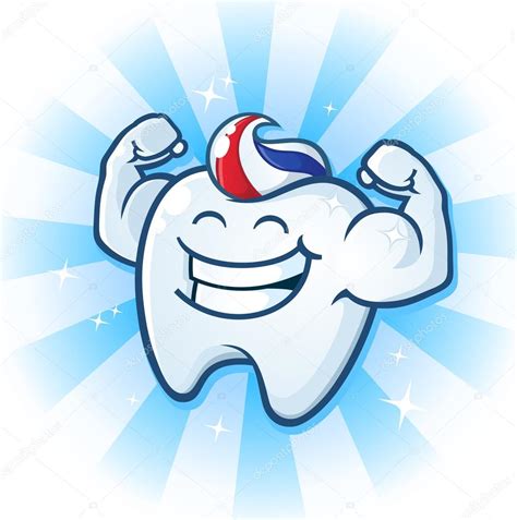 Tooth Mascot Muscle Man Dental Cartoon Character Stock Vector