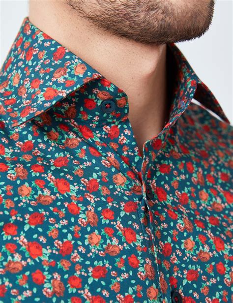 Mens Curtis Floral Stretch Slim Fit Shirt With Single Cuffs In Green