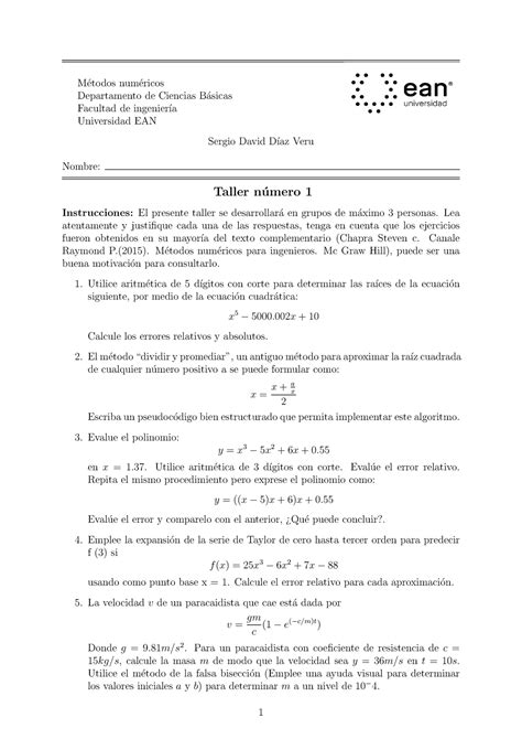 Métodos numéricos Taller 1 M etodos num ericos Departamento de