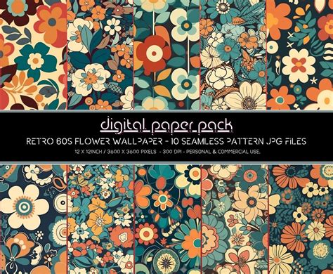 Retro 60s Flower Wallpaper Patterns Seamless Digital Paper Pack