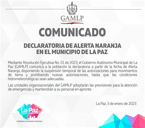 Comunicado Declaratoria De Alerta Naranja En El Municipio De La Paz