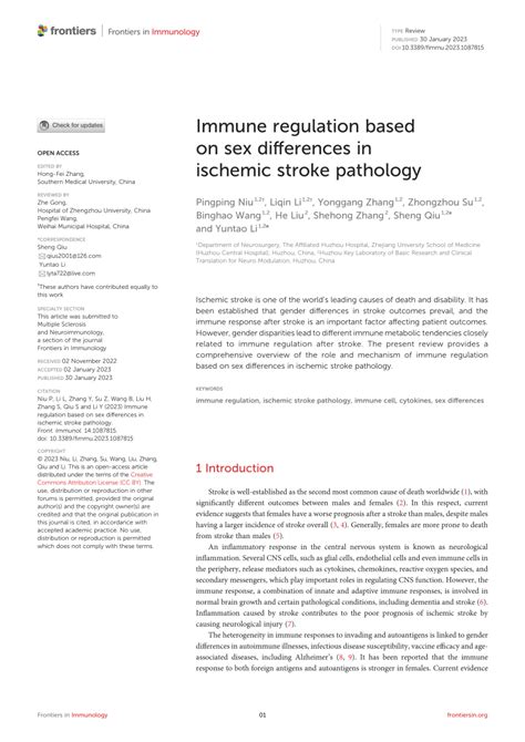 Pdf Immune Regulation Based On Sex Differences In Ischemic Stroke