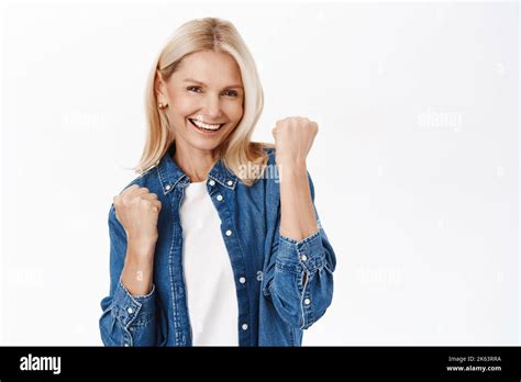 Yes Success Excited Blond Mature Woman Celebrating Makes Fist Pump