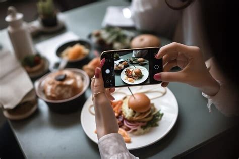 Manos femeninas toman fotos con el teléfono en la comida Foto Premium