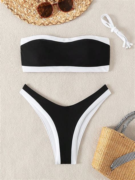 Shein Swim Chicsea Black And White Spliced Halter Neck And Slim Shoulder