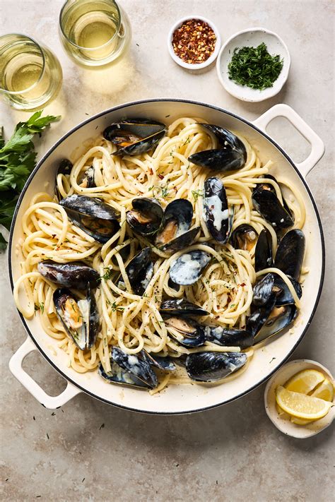 creamy avgolemono mussels  pasta olive mango