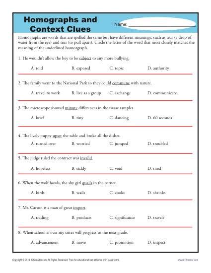 Homographs And Context Clues High School Worksheets