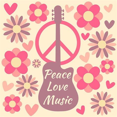 Icon Sticker In Hippie Style With Purple Guitar Peace Sign Flowers