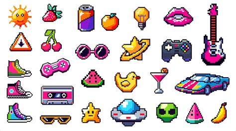 game icon set vector mobile app element pixel art objects isolated