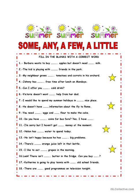 SOME, ANY, A FEW, A LITTLE: English ESL worksheets pdf & doc