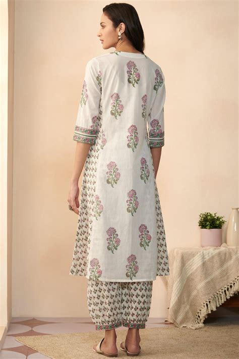 Buy White Hand Block Printed A Line Cotton Kurta For Women FGMK22 120