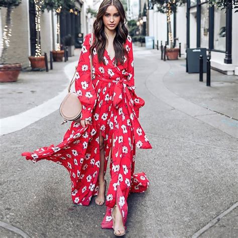 Bohemian Floral V Neck Red Maxi Dress Womens Fashion Clothing