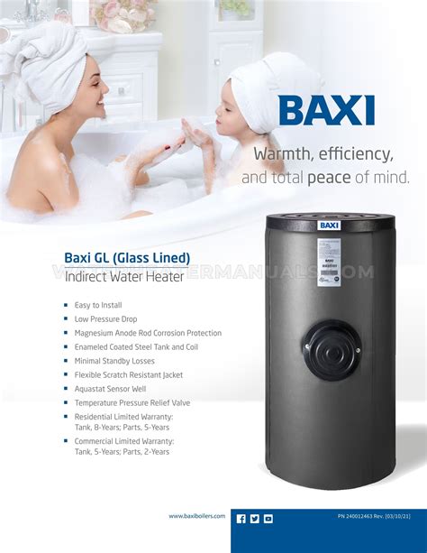 Baxi H2O 40 GL Glass Lined Water Heater Specifications Sheet | Water