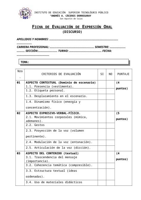 Doc Ficha De Evaluaci N De Expresi N Oral Dokumen Tips