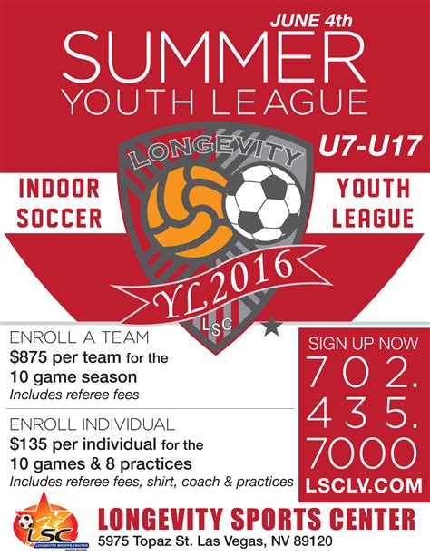 2016 Summer Youth League Flyer Longevity Sports Center Indoor Soccer