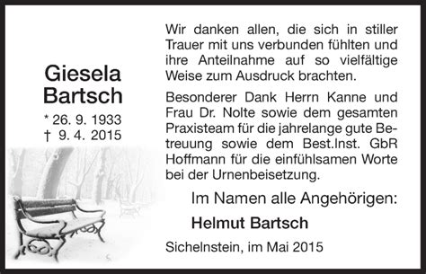 Traueranzeigen Von Giesela Bartsch Trauer HNA De