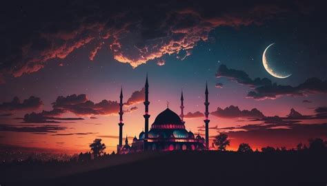 Premium AI Image | Mosque sunset sky moon holy night islamic night ...