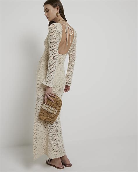 Cream Flower Crochet Bodycon Maxi Dress River Island