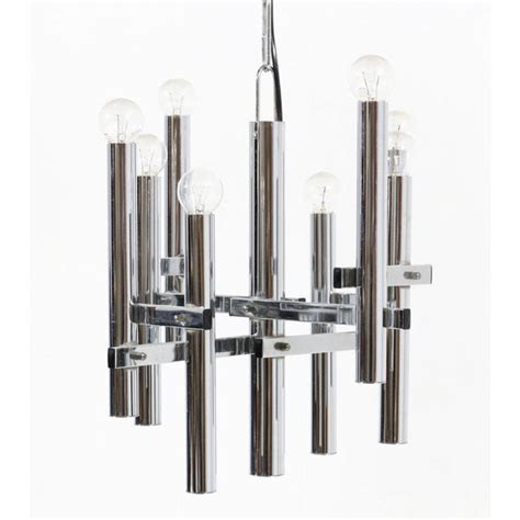 Mid Century Chrome 8 Bulb Pendant Chandelier By Gaetano Sciolari For