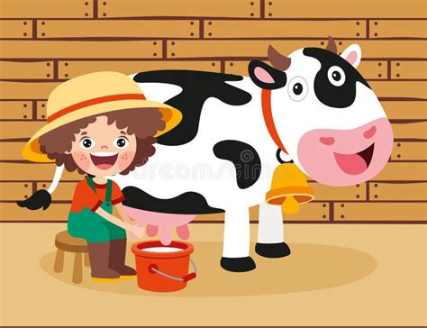 cartoon kid milking   stock vector illustration  farm