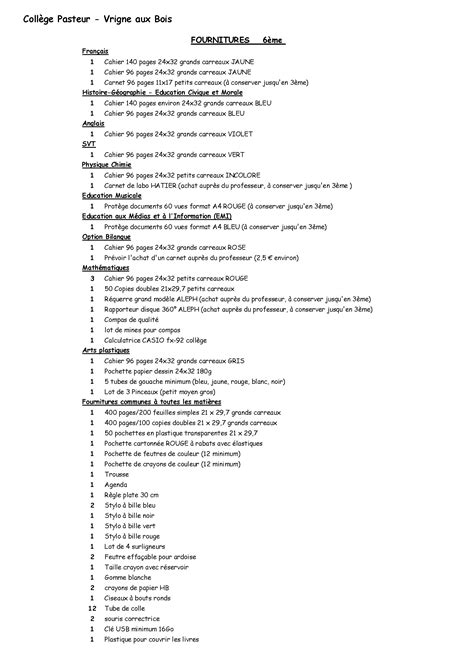 Liste Des Fournitures Scolaires 2023 2024 College Pasteur