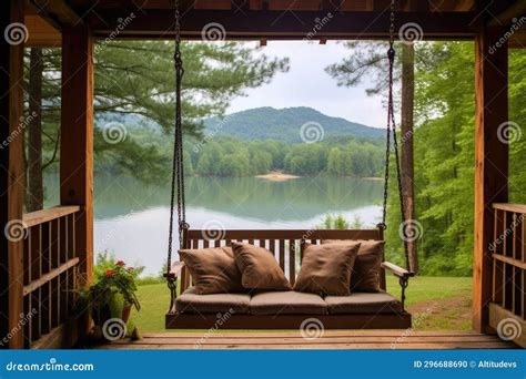 Porch Swing on Rustic Cabin Overlooking a Lake Stock Illustration ...