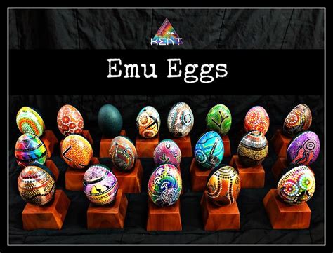 an assortment of painted eggs sitting on wooden stands with the words ...