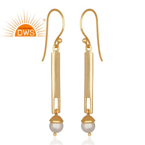 DWS White 925 Sterling Silver 18k Gold Plated Natural Pearl Dangle