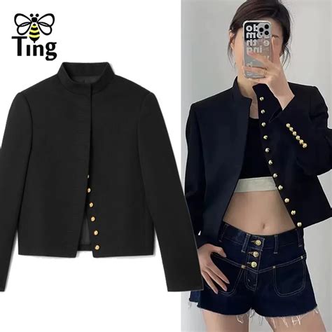 Tingfly Women Fashion Single Breasted Black Color Short Style Jacket