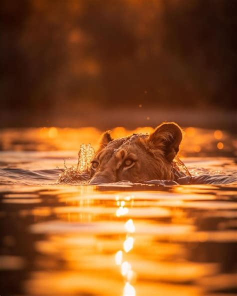 Premium Photo | A lion swimming in the water at sunset