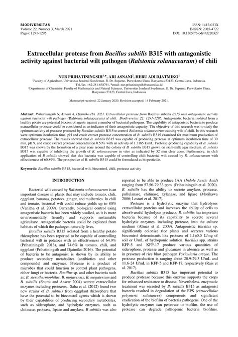 PDF Extracellular Protease From Bacillus Subtilis B315 With