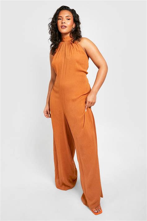 Plus Cheesecloth Halter Neck Wide Leg Jumpsuit Boohoo