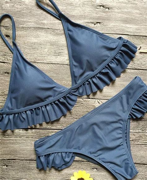 Sexy Ruffle Rim Suit Triangle Push Up Bikini Sets Halter Swimwear