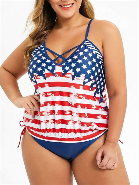 Plus Size American Flag Print Tie Dye Tankini Swimsuit Tie Dye