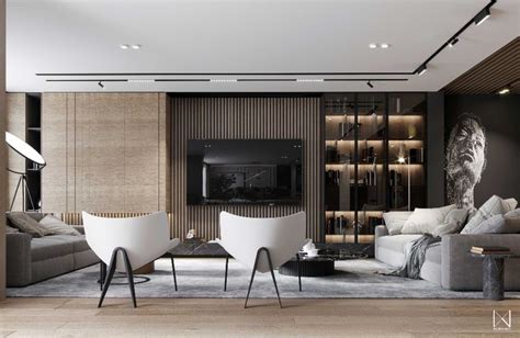 A Modern Living Room With White Furniture And Wood Paneling On The