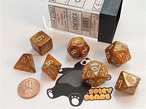 Polyhedral 7 Die Set Glitter Gold With Silver Numbers Dice By Chessex Spicy Bears