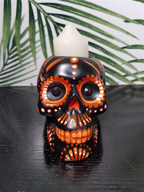 Orange sugar skull candle holder | Etsy