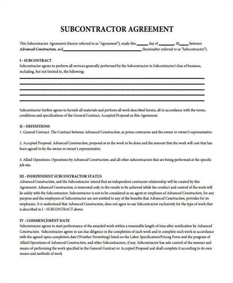 Agreement Between Contractor And Subcontractor Template