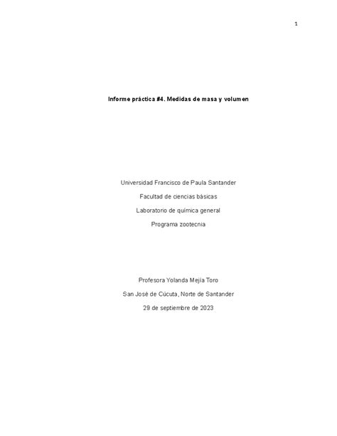 Informe Pr Ctica Medidas De Masa Y Volumen Universidad Francisco