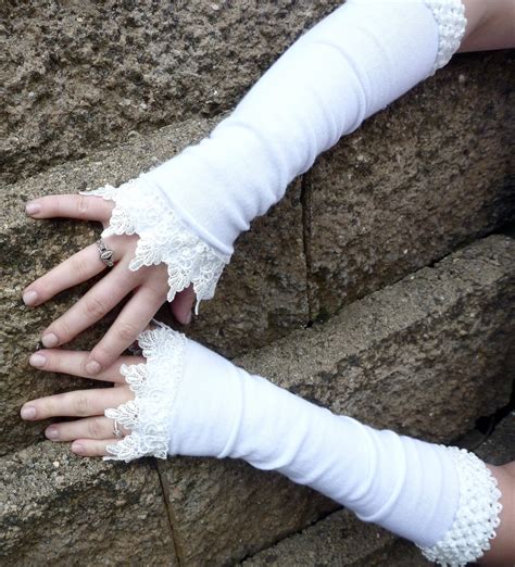 Long White Fingerless Gloves With White Stretch Trim And Venetian Lace