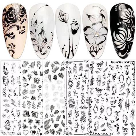 Jmeowio Nagelsticker Fr Hlings Schwarz Wei Blume Blatt Nail Art