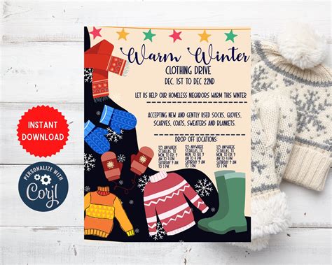 Winter Clothing Drive Flyer Printable Editable Sock Drive Clothes