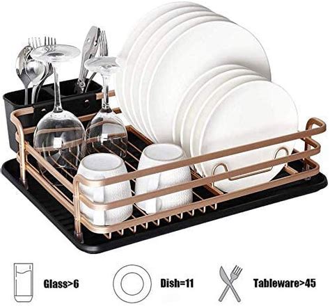 Aluminum Dish Drying Rack Compact Dish Rack With Cutlery Holder Removable Drainer Tray Rose