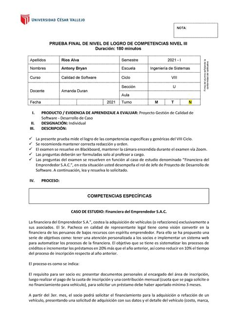 Prueba De Examen De Logro Pnl Iii Ciclo Prueba Final De