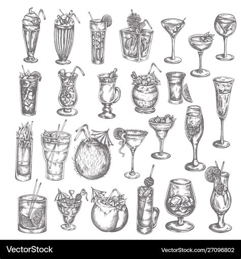 Hand Drawn Cocktail Big Set Sketch Alcoholic Vector Image