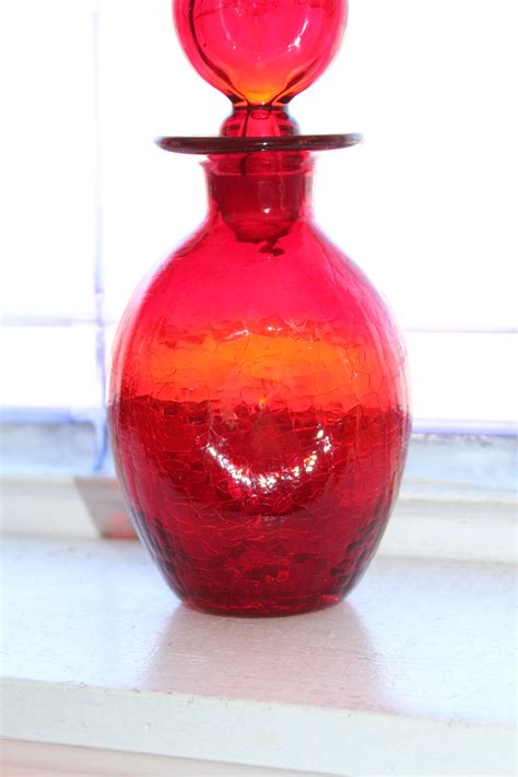 Vintage Blenko Red Amberina Decanter 1960s Genie Bottle Crackle Glass