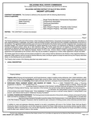 OKLAHOMA UNIFORM CONTRACT OF SALE OF REAL ESTATE VACANT LOT LAND