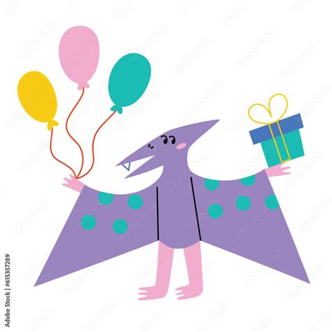 Cute Flying Dinosaur Icon Pterodactyl At Birthday Party Vector