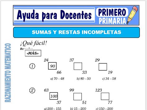 Sumas Y Restas Incompletas Para Primero De Primaria Ayuda Para Docentes